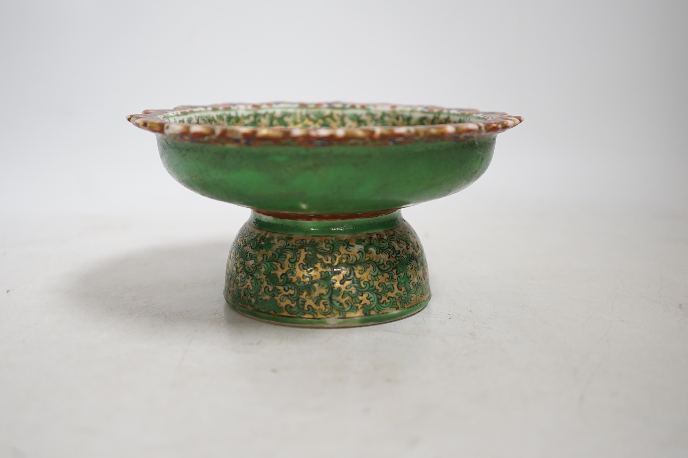 A Chinese enamelled porcelain stem dish, late 19th century possibly Thai market, 14cm diameter. Condition - fair
